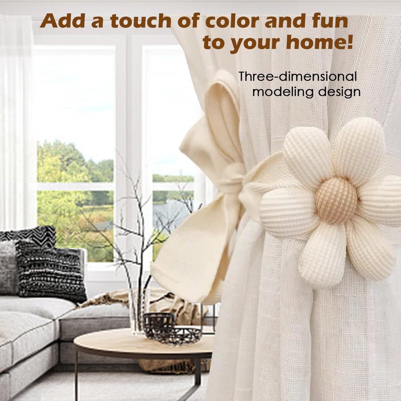 SRG 4PCS Curtain Tiebacks | Boho Flower Curtain Holdbacks | Simple Elegant Sunflower Curtain Holders | Boho Bedroom Decor（2Pcs Cream&2Pcs Khaki） - Image 3